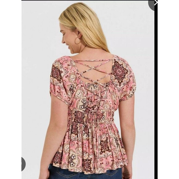 Torrid Washable Crinkle Gauze Cross Cross Back Plus Size Pink Top Square Neck 3X - Picture 3 of 14